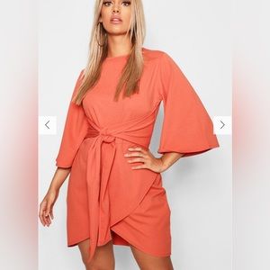 KIMONO SLEEVE faux WRAP OVER MIDI DRESS - TERRACOTTA size 12